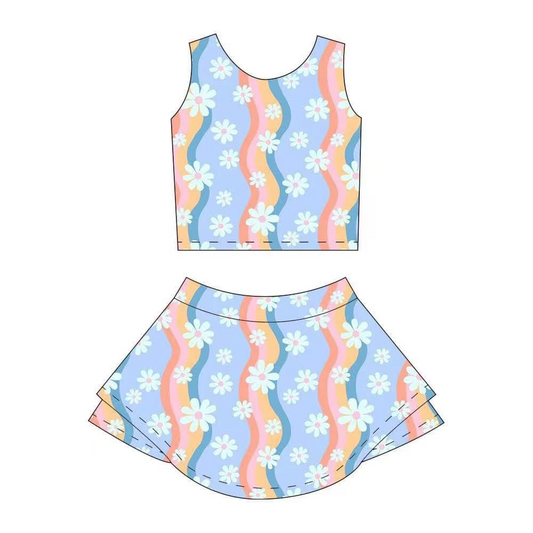 presale GSD2328 Baby Girls Sleeveless Floral Colorful Stripe Top Skort Yoga Set D 3.19