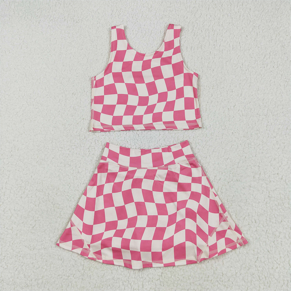 GSD2329 Baby Girls Sleeveless Pink Plaid Top Skort Yoga Set  D 4.28