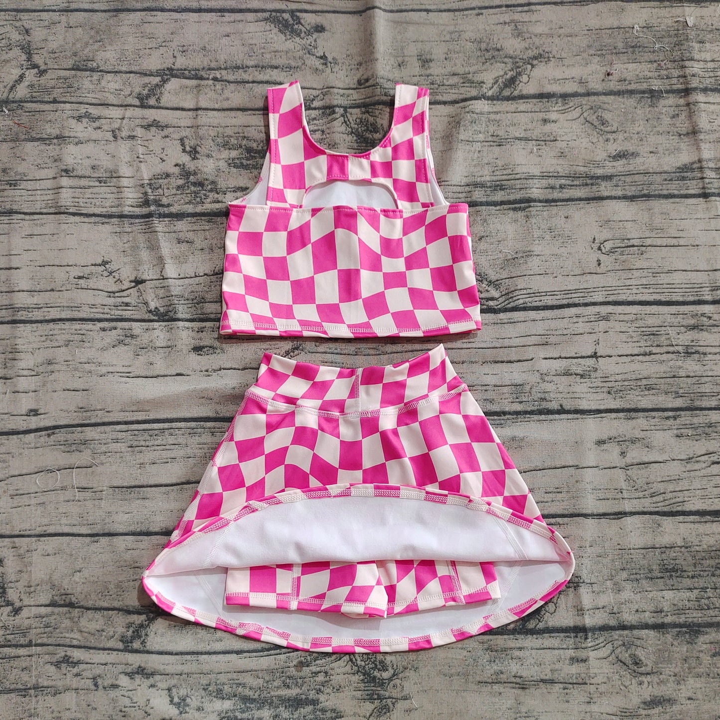 GSD2329 Baby Girls Sleeveless Pink Plaid Top Skort Yoga Set  D 4.28