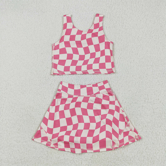 GSD2329 Baby Girls Sleeveless Pink Plaid Top Skort Yoga Set D 4.28