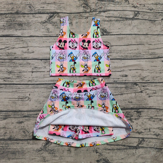 presale GSD2333 Baby Girls Sleeveless Cartoon Mouse Ducks Plaid Top Skort Yoga Set  D 3.29