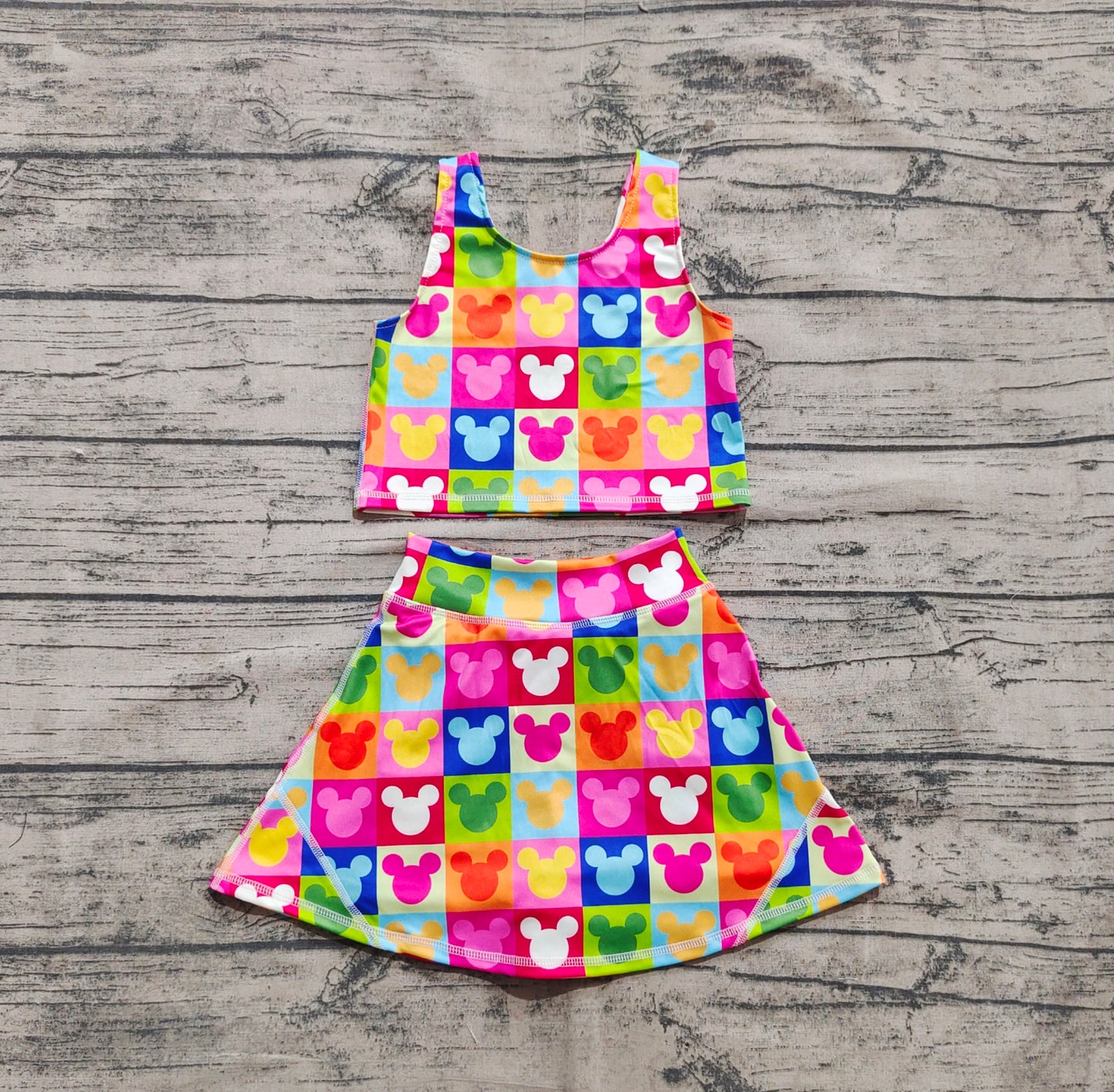 presale GSD2334 Baby Girls Sleeveless Colorful Cartoon Mouse Plaid Top Skort Yoga Set D 4.21
