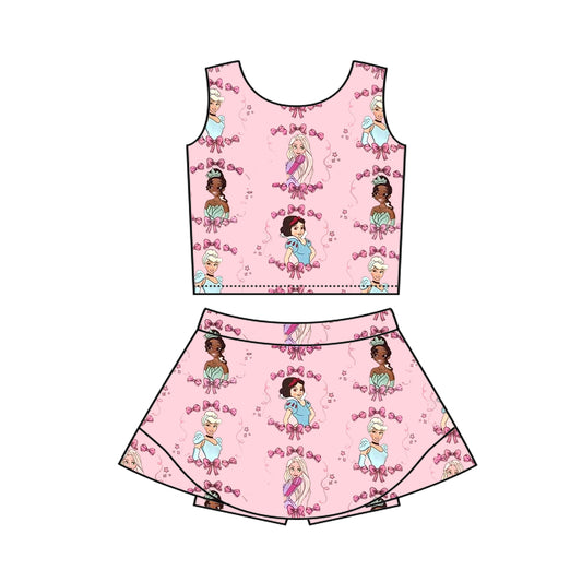 presale GSD2336 Baby Girls Sleeveless Princess Bows Top Skort Yoga Set D 3.19