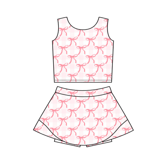 presale GSD2337 Baby Girls Sleeveless Pink Plaid Bows Top Skort Yoga Set D 3.19