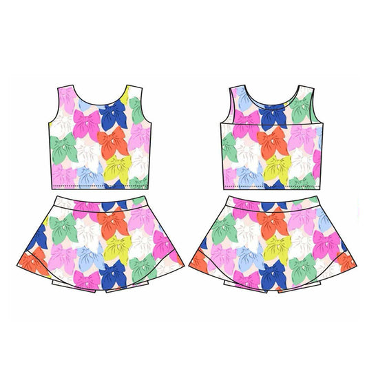 presale GSD2338 Baby Girls Sleeveless Colorful Bows Top Skort Yoga Set D 3.19