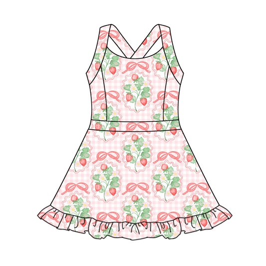 presale GSD2342 Baby Girls Strap Pink Plaid Strawberry Yoga Active Knee Length Dresses  D 3.19