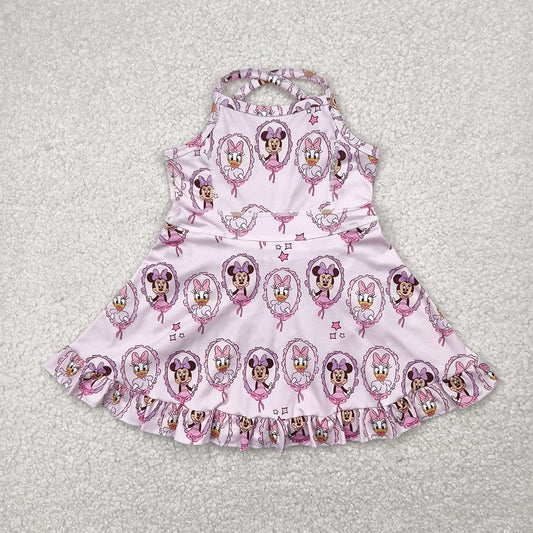 GSD2343 Baby Girls Strap Cartoon Mouse Ducks Yoga Active Knee Length Dresses D 4.2