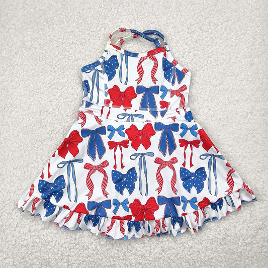 GSD2345 Baby Girls Strap Blue Red Bows 4th Of July Yoga Active Knee Length Dresses D 4.12