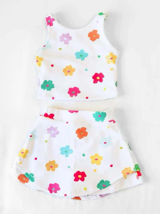 presale GSD2347 Baby Girls Sleeveless Colorful Flowers Top Skort Yoga Set D 3.18