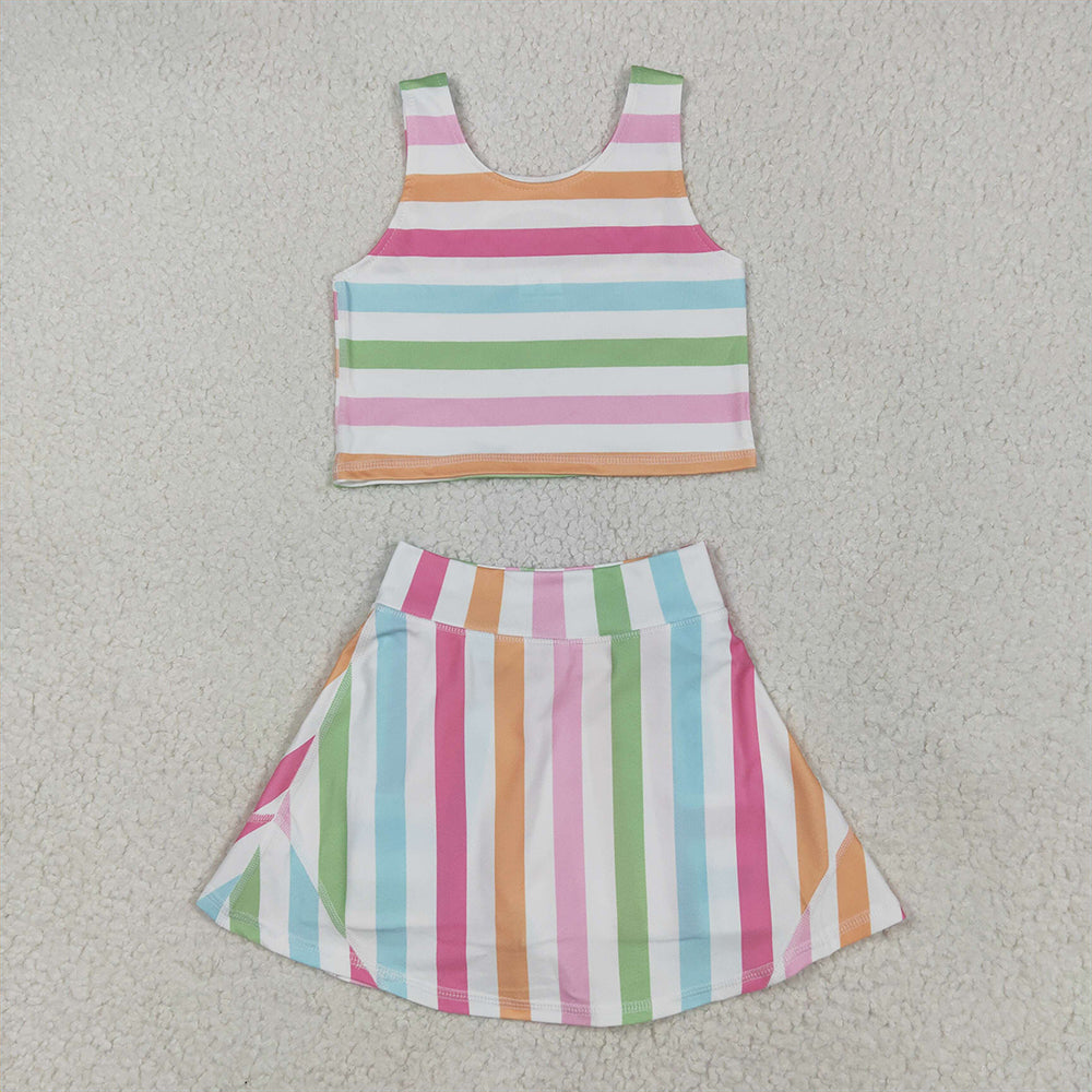 GSD2348  Baby Girls Sleeveless Colorful Stripes Top Skort Yoga Set  D 5.9