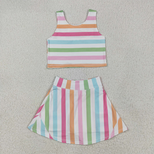 GSD2348 Baby Girls Sleeveless Colorful Stripes Top Skort Yoga Set D 5.9