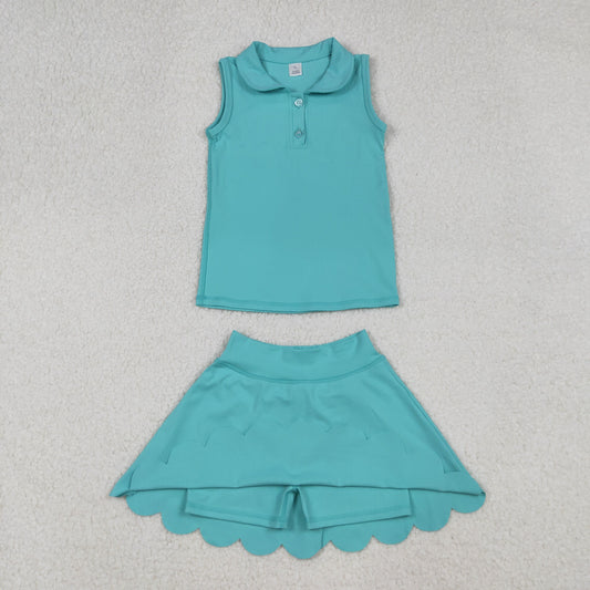 GSD2349 Baby Girls Aqua Sleeveless Button Top Skirt Yoga Set   D 925