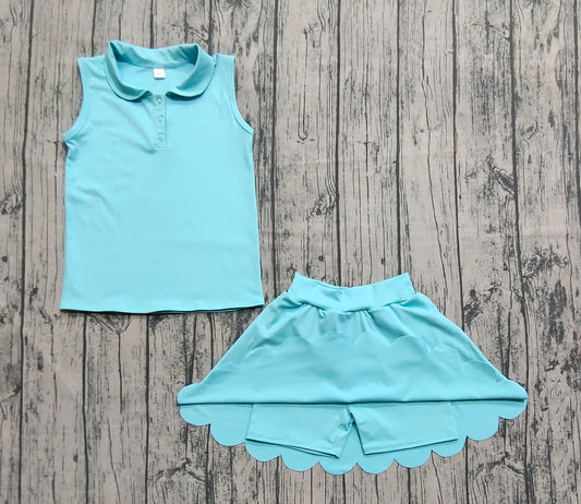 presale GSD2349 Baby Girls Aqua Sleeveless Button Top Skirt Yoga Set   D 7.16