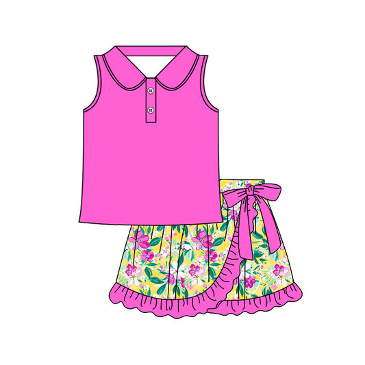 presale GSD2361 Baby Girls Hot Pink Sleeveless Button Top Floral Ruffle Skirts Sets D 3.22