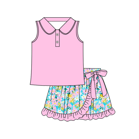 presale GSD2362  Baby Girls Pink Sleeveless Button Top Floral Ruffle Skirts Sets D 3.22