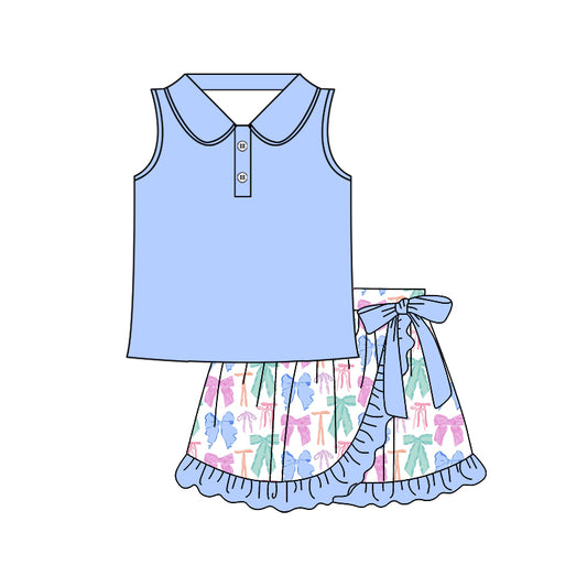 presale GSD2363  Baby Girls Blue Sleeveless Button Top Colorful Bows Ruffle Skirts Sets D 3.22
