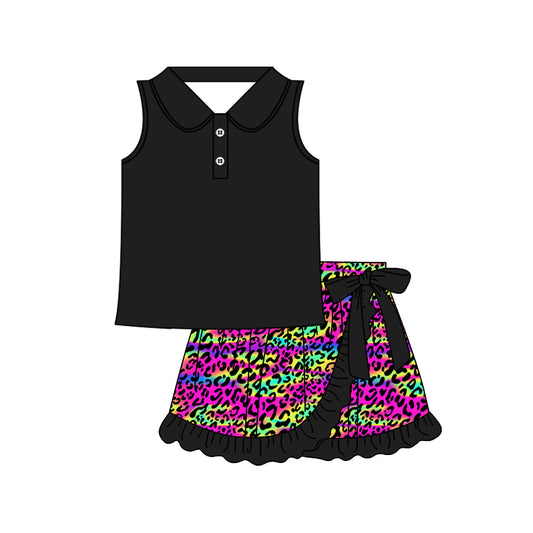 presale GSD2364 Baby Girls Black Sleeveless Button Top Colorful Leopard Ruffle Skirts Sets  D 3.22