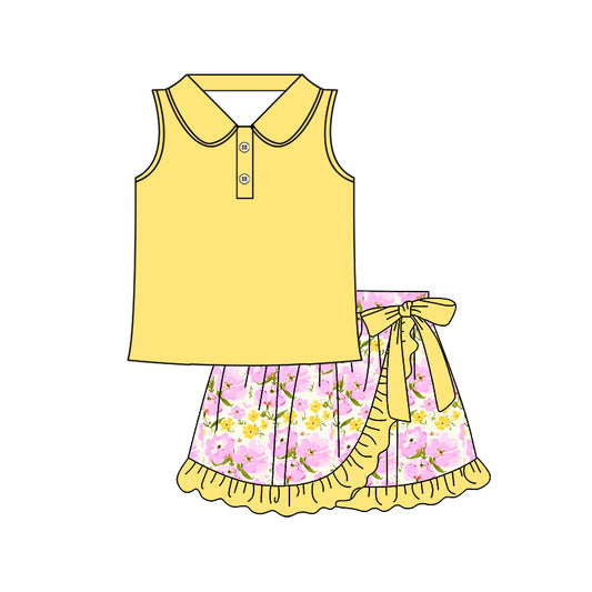 presale GSD2365 Baby Girls Yellow Sleeveless Button Top Floral Ruffle Skirts Sets  D 3.22