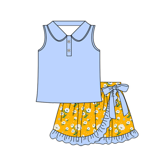 presale GSD2366  Baby Girls Blue Sleeveless Button Top Floral Ruffle Skirts Sets D 3.22