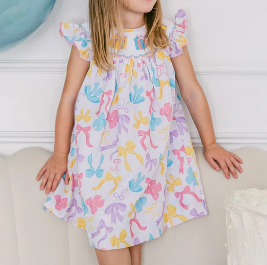 presale GSD2367 Baby Girls Flutter Sleeves Colorful Bows Knee Length Dresses  D 3.24