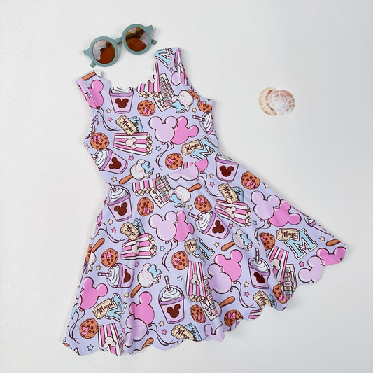 presale GSD2368  Baby Girls Lavender Sleeveless Cartoon Mouses Chip Knee Length Dresses  D 3.24