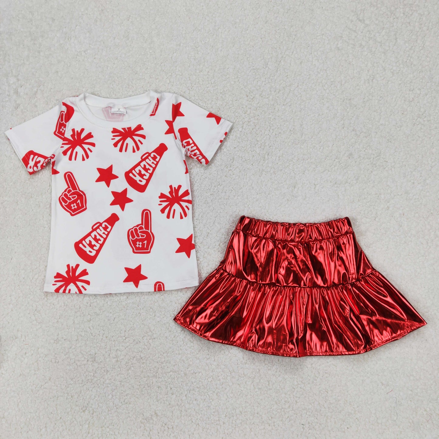GSD2369 Baby Girls Cheer Shirt Red Leather Metallic Skirts Clothes Sets  D 3.24