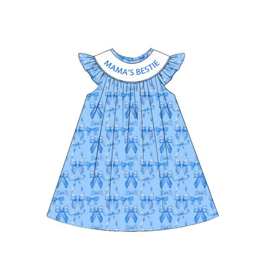 presale GSD2383 Baby Girls Blue Sleeveless MAMA'S BESTIE Bows Knee Length Dresses D 3.26