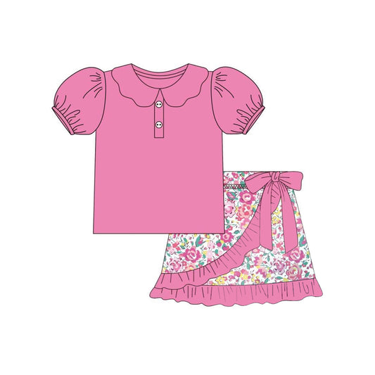 presale GSD2384  Baby Girls Pink Short Sleeves Button Tunic Floral Ruffle Short Set  D 3.26