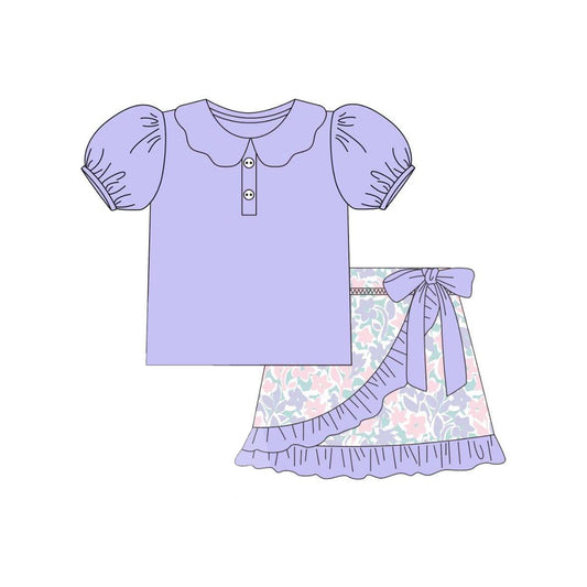 presale GSD2385 Baby Girls Lavender Short Sleeves Button Tunic Floral Ruffle Short Set   D 3.26
