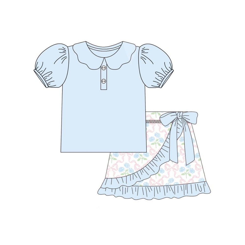 presale GSD2386  Baby Girls Light Blue Short Sleeves Button Tunic Floral Ruffle Short Set  D 3.26