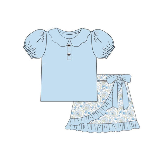 presale GSD2387  Baby Girls Blue Short Sleeves Button Tunic Floral Ruffle Short Set  D 3.26