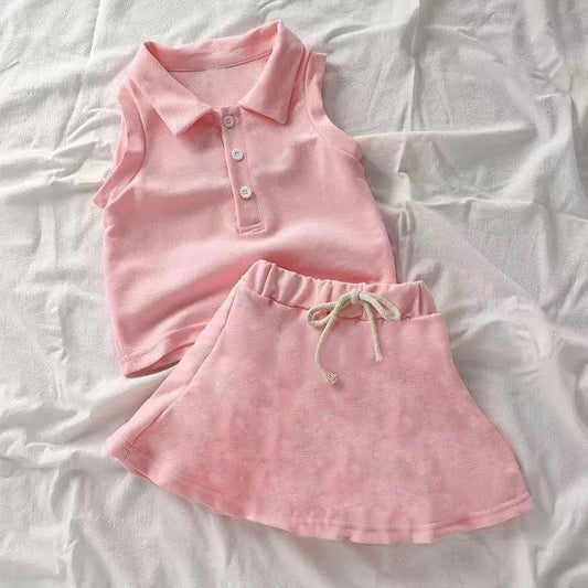 presale GSD2388  Baby Girls Pink Sleeveless Button Top Skort Yoga Set   D 3.27