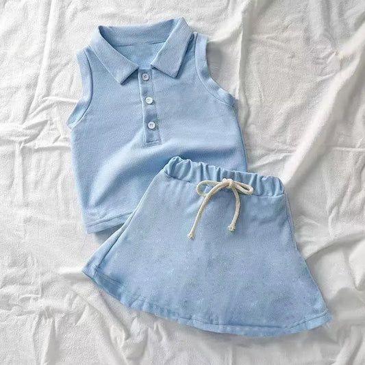 presale GSD2389  Baby Girls Blue Sleeveless Button Top Skort Yoga Set D 3.27