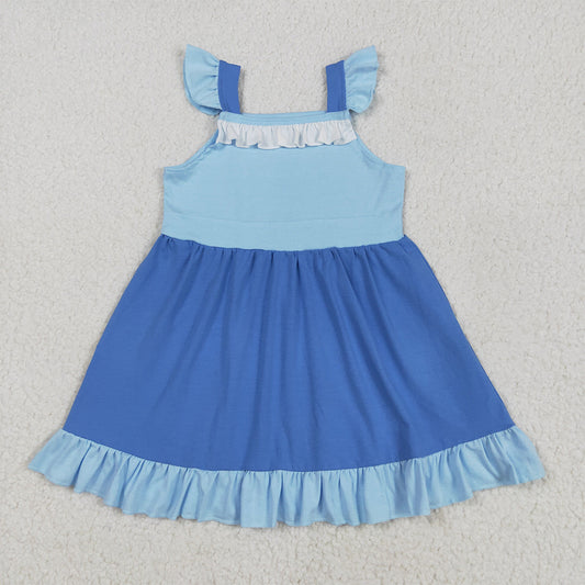 GSD2393 Baby Girls Blue Flutter Sleeves Patchwork Knee Length Dresses D 4.21