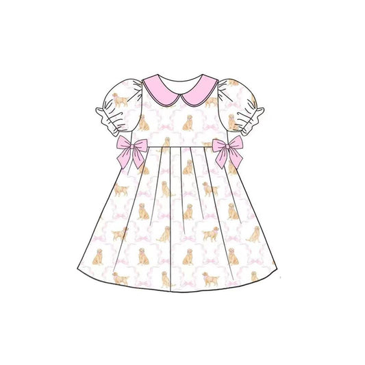 presale GSD2396  Dog Pink Bows Print Girls Summer Knee Length Dress  D 3.29