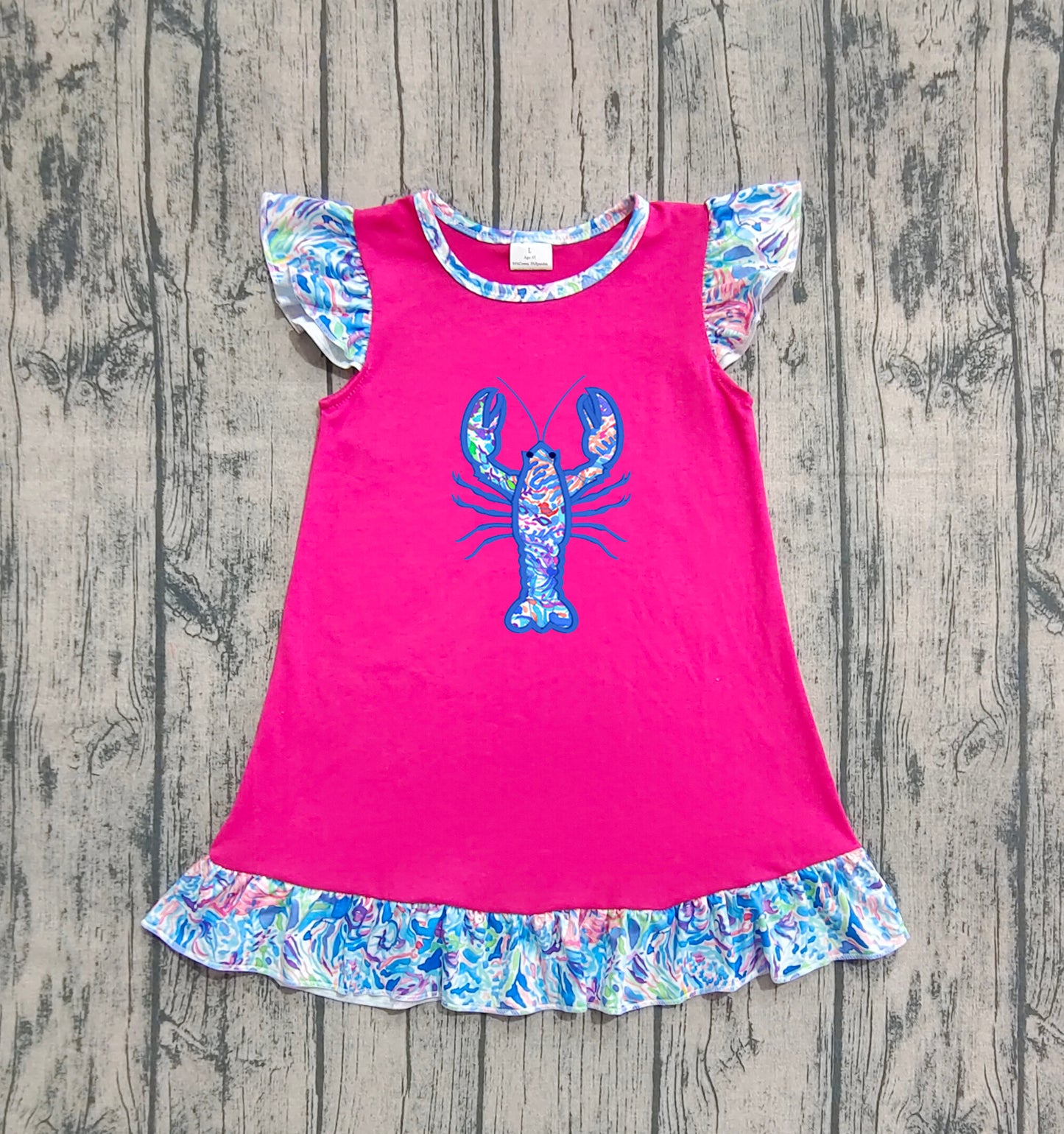 GSD2398 Embroidery Baby Girls Flutter Sleeves Floral Crayfish Knee Length Dress  D 7.4