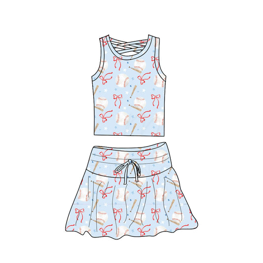 presale GSD2402 Baseball Red Bow Pattern Star Blue Vest Skirt Yoga Set D 4.8