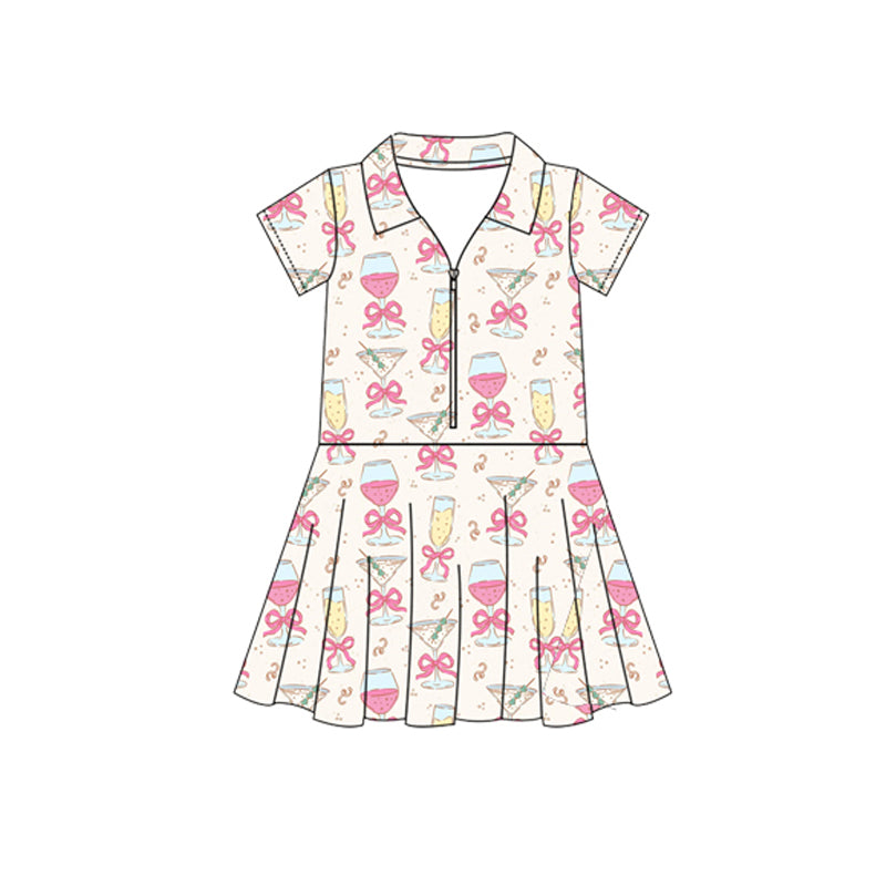 presale GSD2405 Pink Bow Wine Glass Zipper Yoga Short Sleeve Dress  D 3.29