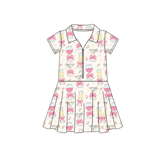 presale GSD2405 Pink Bow Wine Glass Zipper Yoga Short Sleeve Dress D 3.29