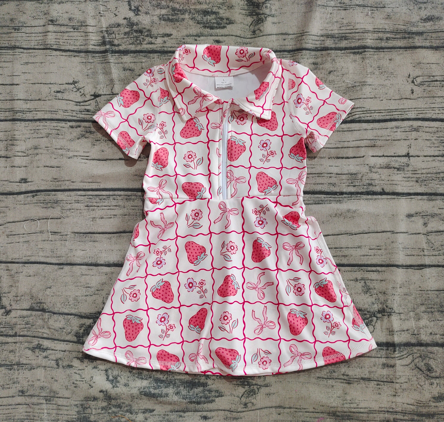 GSD2407  Strawberry Flower Pink Bow Pattern Plaid Yoga Short Sleeve Dress D 4.28