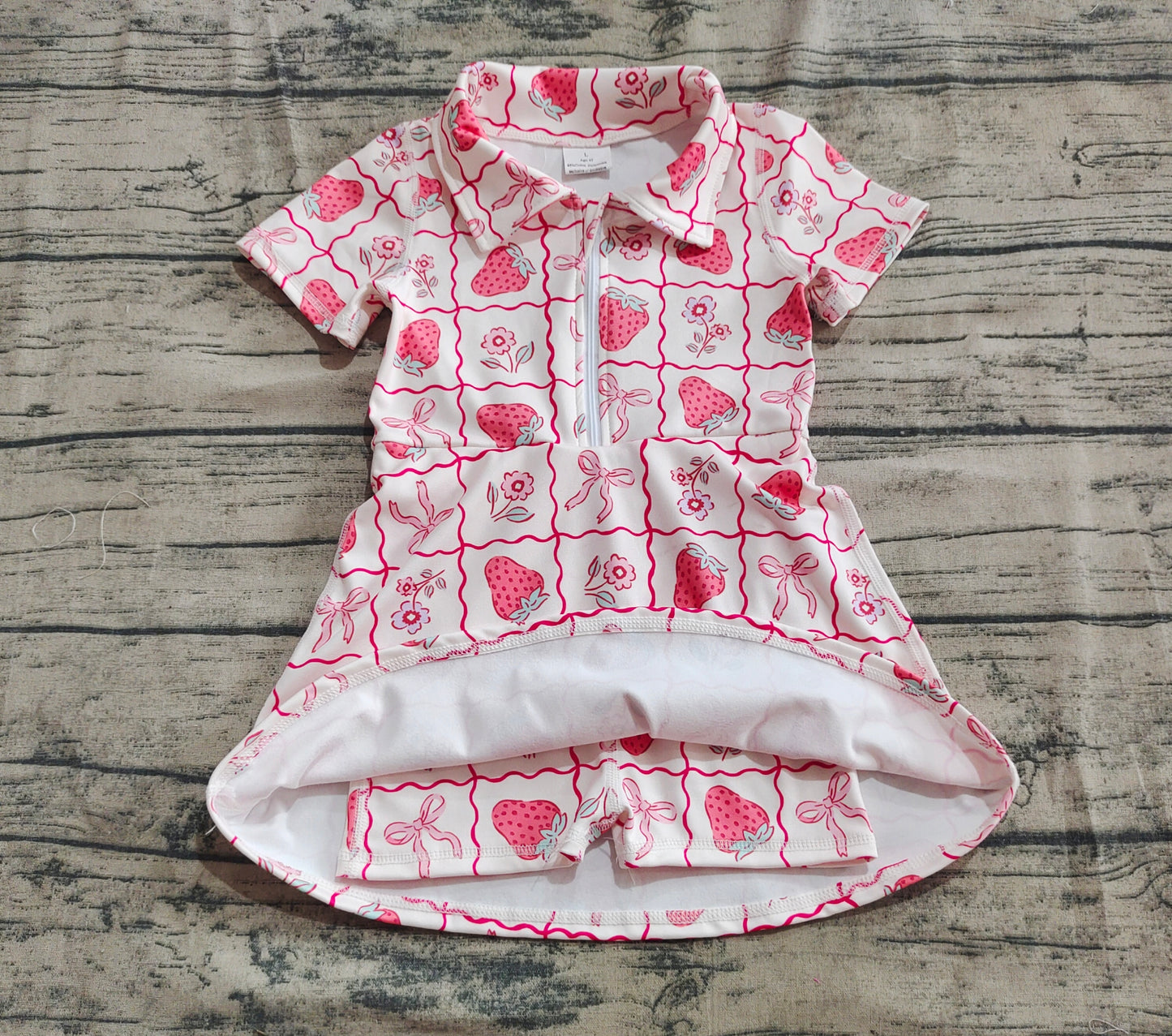 GSD2407  Strawberry Flower Pink Bow Pattern Plaid Yoga Short Sleeve Dress D 4.28