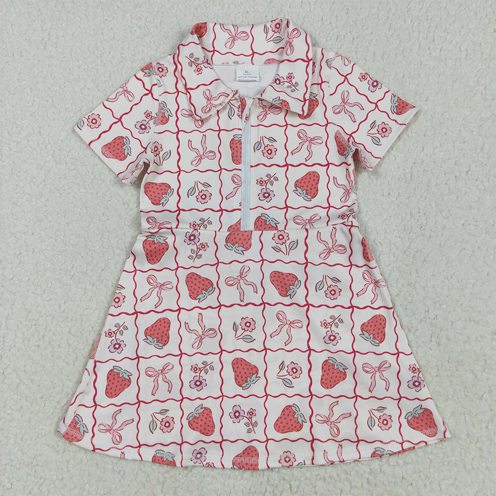 GSD2407  Strawberry Flower Pink Bow Pattern Plaid Yoga Short Sleeve Dress D 4.28