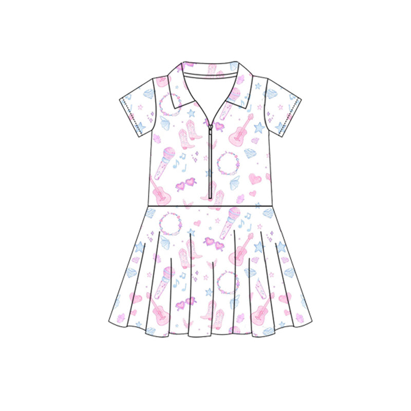 presale GSD2409 Microphone, guitar, glasses, stars, white yoga short-sleeved dress  D 3.29