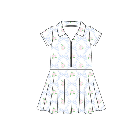 presale GSD2412  Floral Blue Bowknot Plaid White Yoga Short Sleeve Dress  D 3.29