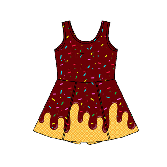 presale GSD2423  Baby Girls Dark Red Ice-cream Drip Yoga Skort Knee Length Dresses D 4.1