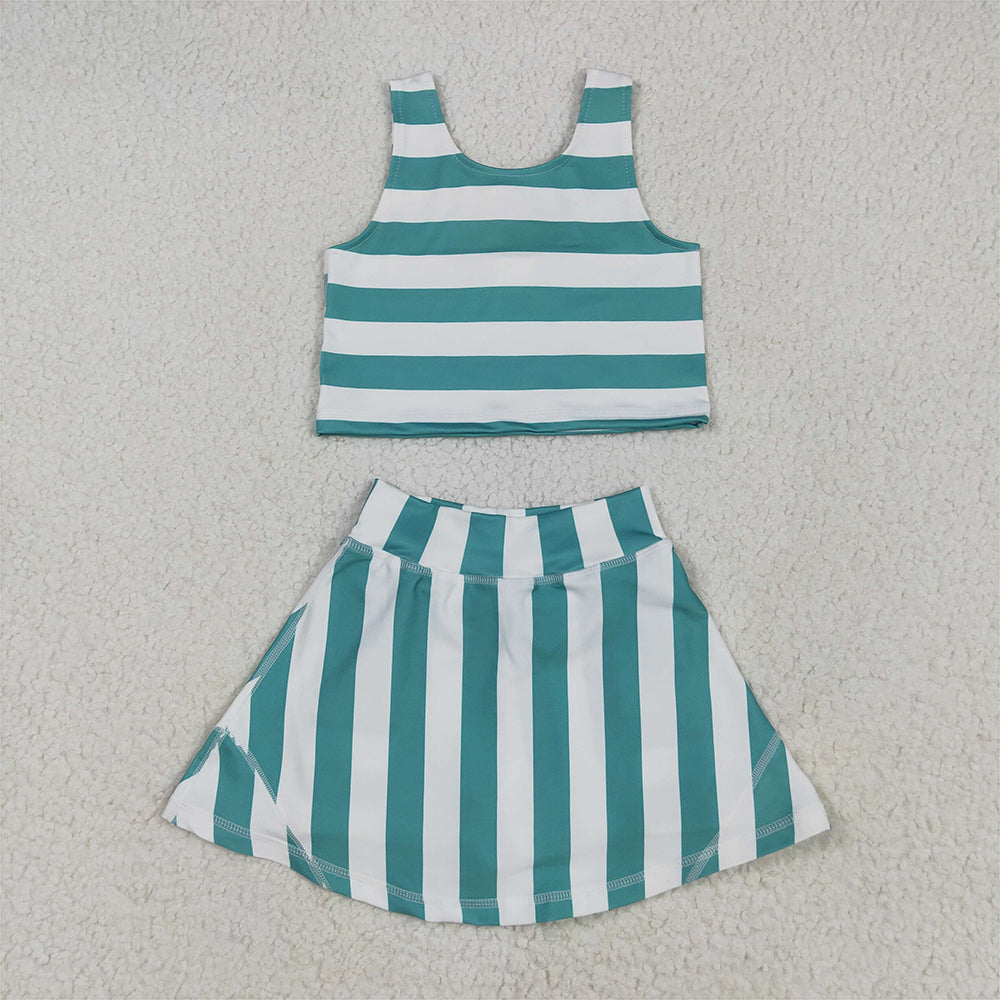 GSD2432  Baby Girls Sleeveless Green Stripe Top Skort Yoga Set D 4.8