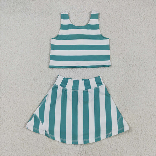 GSD2432  Baby Girls Sleeveless Green Stripe Top Skort Yoga Set D 4.8