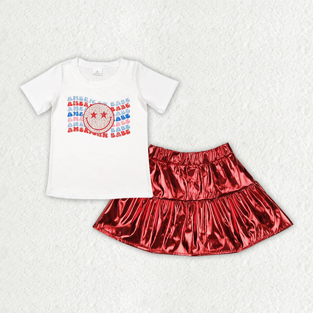 GSD2447  Baby Girls American Babe Smile Shirt Red Leather Metallic Skirts Clothes Sets  D 4.3