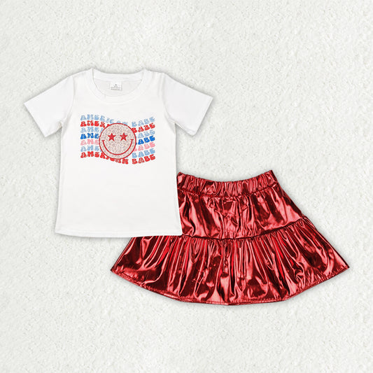 GSD2447 Baby Girls American Babe Smile Shirt Red Leather Metallic Skirts Clothes Sets D 4.3