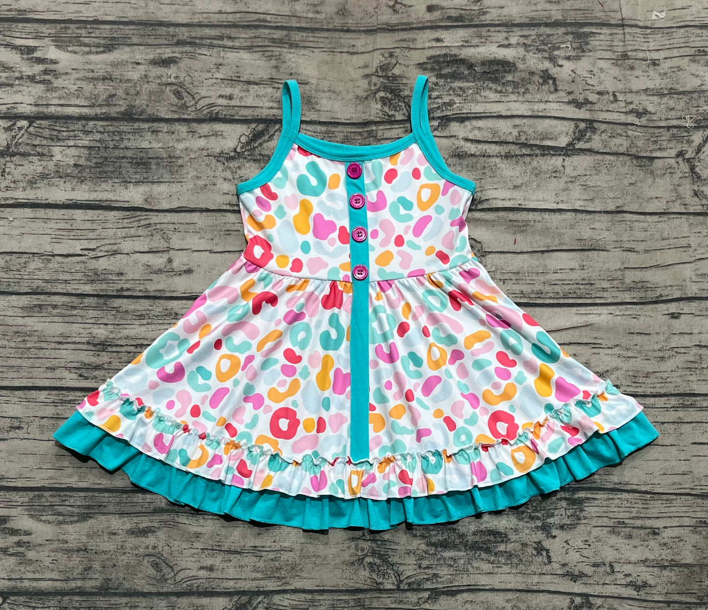 GSD2452  Baby Girls Blue Strap Colorful Leopard Button Knee Length Dresses  D 5.30